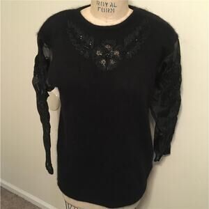 Vintage 1990's I.B. DIFFUSION Black Bead Embellished Sheer Sleeve Sweater L
